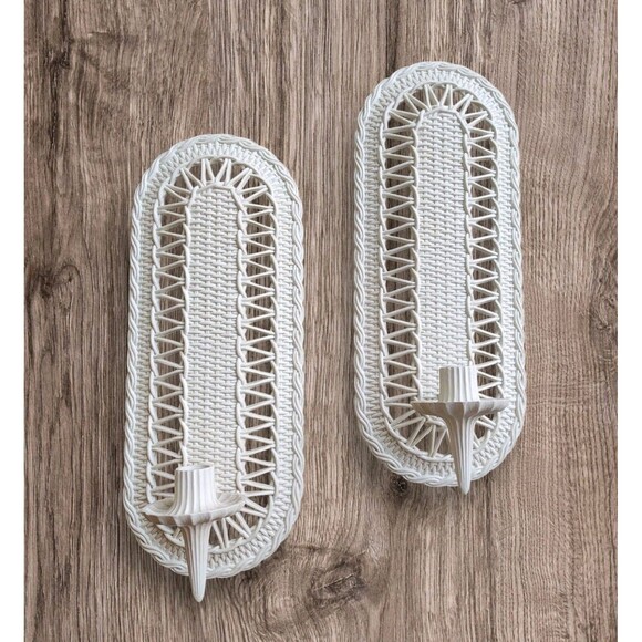 Burwood Other - Vintage 1970s Burwood Products White Candle Holder Wall Sconces Set Wicker Look